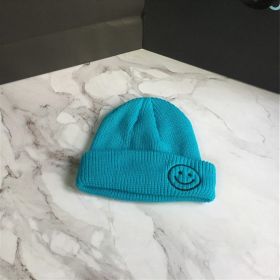 Smiling Face Embroidery Baby Knitted Hat Autumn Winter Warm Infant Toddler Beanie Hat Outdoor Windproof Girls Boys Bonnet Cap - Blue