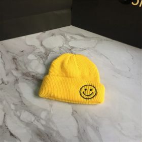 Smiling Face Embroidery Baby Knitted Hat Autumn Winter Warm Infant Toddler Beanie Hat Outdoor Windproof Girls Boys Bonnet Cap - Yellow