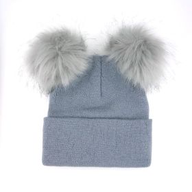 New Warm Knitted 0-3Y Baby's Hat Cute Double Fur Pompon Beanies Thick Double Layer Cap Faux Pompom Hat - Gray - 0 3Y