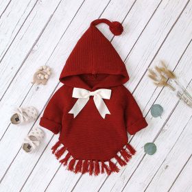 Baby Girl 1pcs Solid Color Big Bow Tie Patched Design Shawl Kniited Hoodies With Hat - 90 (12-24M) - Red