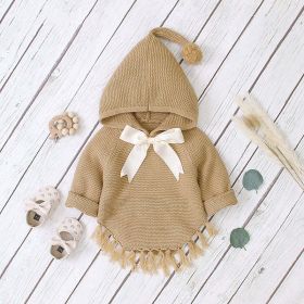 Baby Girl 1pcs Solid Color Big Bow Tie Patched Design Shawl Kniited Hoodies With Hat - 90 (12-24M) - Brown