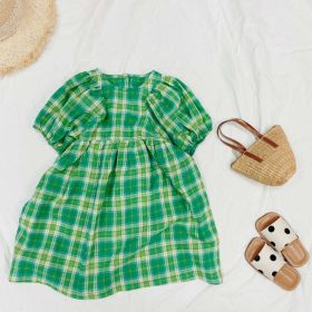 Baby Girls Plaid Pattern Pull-Sleeved Design O-Neck Long Dress In Summer - 100 (2-3Y) - Green