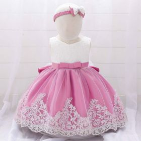 Baby Girl Floral Mesh Overlay Design Princess Full Moon Formal Dress & Headband - 80 (9-12M) - Pink