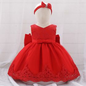 Baby Girl Floral Mesh Overlay Design Princess Full Moon Formal Dress & Headband - 80 (9-12M) - Red