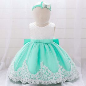 Baby Girl Floral Mesh Overlay Design Princess Full Moon Formal Dress & Headband - 90 (12-24M) - Green