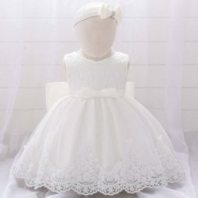 Baby Girl Floral Mesh Overlay Design Princess Full Moon Formal Dress & Headband - 90 (12-24M) - White