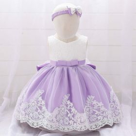 Baby Girl Floral Mesh Overlay Design Princess Full Moon Formal Dress & Headband - 73 (6-9M) - Purple