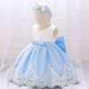 Baby Girl Floral Mesh Overlay Design Princess Full Moon Formal Dress & Headband - 66 (3-6M) - Blue