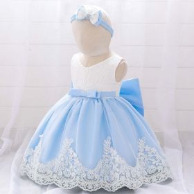 Baby Girl Floral Mesh Overlay Design Princess Full Moon Formal Dress & Headband - 66 (3-6M) - Blue