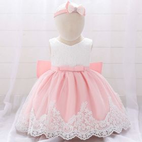 Baby Girl Floral Mesh Overlay Design Princess Full Moon Formal Dress & Headband - 73 (6-9M) - Light Pink