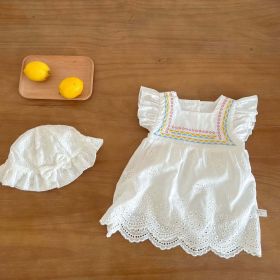 Baby Girls Embroidered Pattern Hollow Carved Design Dress With Hat In Summer - 73 (6-9M) - White