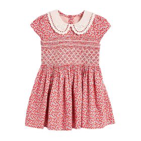 Baby Girl Ditsy Flower Print Hollow Carved Neck Knitted Waist Dress - 140 (8-10Y) - Red