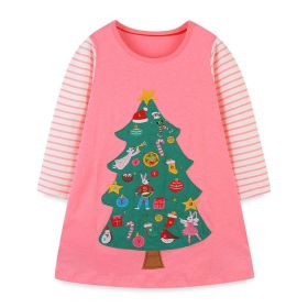 Baby Girl Cartoon Christmas Tree Pattern Striped Sleeve Design Princess Dress - 110 (3-5Y) - Pink