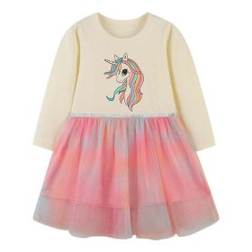 Baby Girl Unicorn Pattern Colorful Mesh Overlay Design Long Sleeve Princess Dress - 100 (2-3Y) - Beige