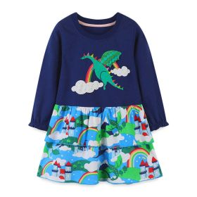 Baby Girl Cartoon Embroidered Pattern Loose Cotton Dress - 130 (7-8Y) - Navy Blue (Dark Blue)