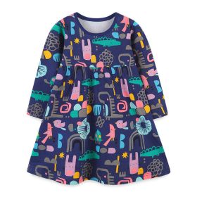 Baby Girl Print Pattern Long Sleeve Soft Cotton Princess Dress - 130 (7-8Y) - Navy Blue (Dark Blue)