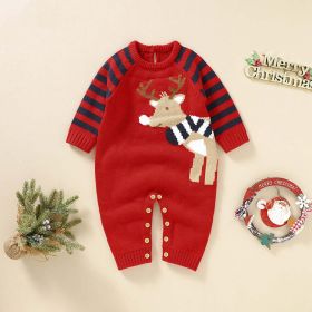 Baby Cartoon Elk Graphic Side Striped Sleeve Knitted Romper - 80 (9-12M) - Red