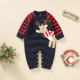 Baby Cartoon Elk Graphic Side Striped Sleeve Knitted Romper - 66 (3-6M) - Navy Blue (Dark Blue)