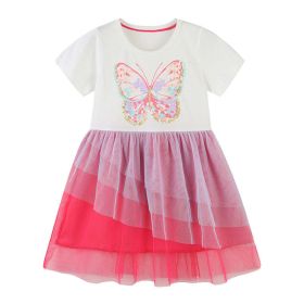 Baby Girl Butterfly Patched Pattern Mesh Patchwork Dress - 120 (5-7Y) - Pink