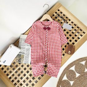 Baby Boy Plaid Pattern Bow Patched Design Cotton Jumpsuit - 66 (3-6M) - Red