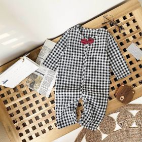 Baby Boy Plaid Pattern Bow Patched Design Cotton Jumpsuit - 90 (12-24M) - Black