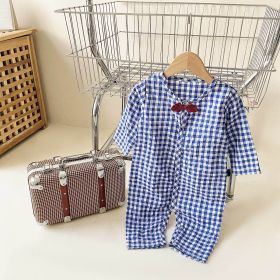 Baby Boy Plaid Pattern Bow Patched Design Cotton Jumpsuit - 100 (2-3Y) - Blue