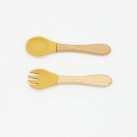 Baby Food Grade Wooden Handles Silicone Spoon Fork Cutlery - Average Size (0-8Y) - Yellow