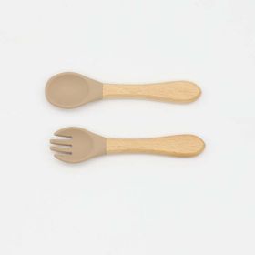 Baby Food Grade Wooden Handles Silicone Spoon Fork Cutlery - Average Size (0-8Y) - Khaki