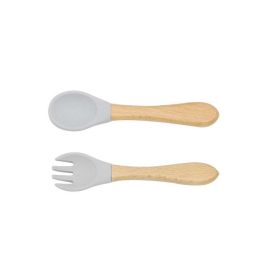 Baby Food Grade Wooden Handles Silicone Spoon Fork Cutlery - Average Size (0-8Y) - Grey