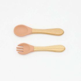 Baby Food Grade Wooden Handles Silicone Spoon Fork Cutlery - Average Size (0-8Y) - Orange