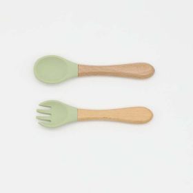 Baby Food Grade Wooden Handles Silicone Spoon Fork Cutlery - Average Size (0-8Y) - Light Green