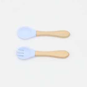 Baby Food Grade Wooden Handles Silicone Spoon Fork Cutlery - Average Size (0-8Y) - Light Blue