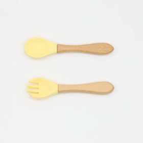 Baby Food Grade Wooden Handles Silicone Spoon Fork Cutlery - Average Size (0-8Y) - Light Yellow