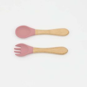 Baby Food Grade Wooden Handles Silicone Spoon Fork Cutlery - Average Size (0-8Y) - Red