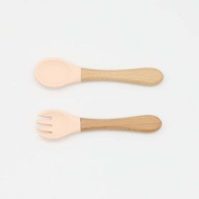 Baby Food Grade Wooden Handles Silicone Spoon Fork Cutlery - Average Size (0-8Y) - Beige