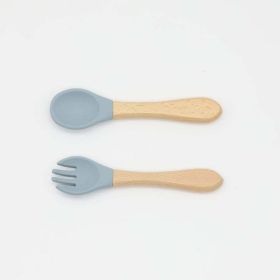 Baby Food Grade Wooden Handles Silicone Spoon Fork Cutlery - Average Size (0-8Y) - Blue