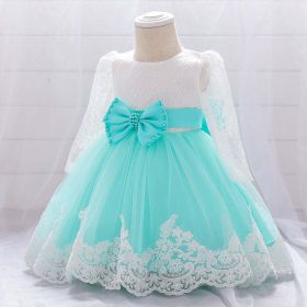 Baby Girl Bow Patched Design Long Sleeves Full Moon Christening Mesh Formal Dress - 80 (9-12M) - Green