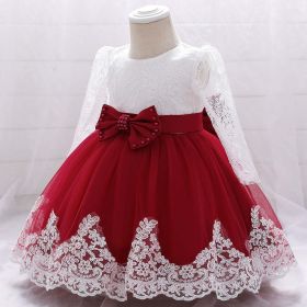 Baby Girl Bow Patched Design Long Sleeves Full Moon Christening Mesh Formal Dress - 90 (12-24M) - Wine