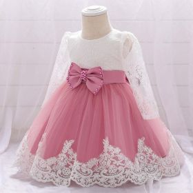 Baby Girl Bow Patched Design Long Sleeves Full Moon Christening Mesh Formal Dress - 80 (9-12M) - Pink