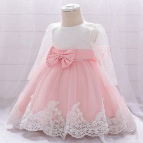 Baby Girl Bow Patched Design Long Sleeves Full Moon Christening Mesh Formal Dress - 80 (9-12M) - Light Pink