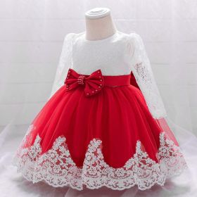 Baby Girl Bow Patched Design Long Sleeves Full Moon Christening Mesh Formal Dress - 80 (9-12M) - Red