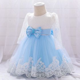 Baby Girl Bow Patched Design Long Sleeves Full Moon Christening Mesh Formal Dress - 80 (9-12M) - Blue