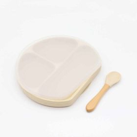 Baby Silicone Compartment Plate With Wooden Spoon - Average Size (0-8Y) - Beige