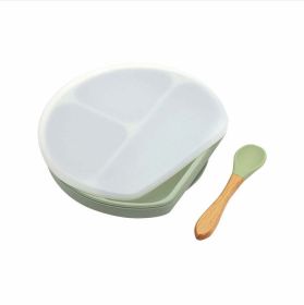 Baby Silicone Compartment Plate With Wooden Spoon - Average Size (0-8Y) - Light Green