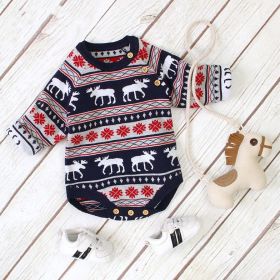 Baby Christmas Deer Pattern Shoulder Button Design Long Sleeved Onesies - 80 (9-12M) - Navy Blue