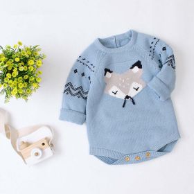 Baby Cartoon Fox Graphic Long Sleeves Triangle Knitted Romper Jumpsuit In Autumn - 73 (6-9M) - Blue