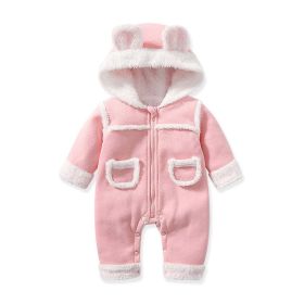 Baby Cute Long Sleeve Design Solid Color Thicken Warm Rompers With Hat - 80 (9-12M) - Pink