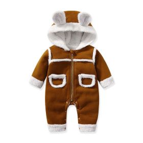 Baby Cute Long Sleeve Design Solid Color Thicken Warm Rompers With Hat - 80 (9-12M) - Brown