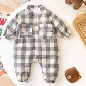 Baby Boy Plaid Pattern Snap Button Front Long-sleeved Thick Rompers - 73 (6-9M) - Grey