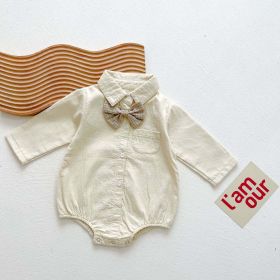 Baby Boy Solid Color & Bear Print Shirt Single Breasted Design Polo-Neck Onesies With Bow Tie - 73 (6-9M) - Apricot